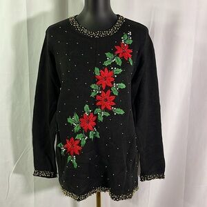 Vintage B.P. Design Black Beaded Embroidered Poinsettia  Tacky Christmas Sweater